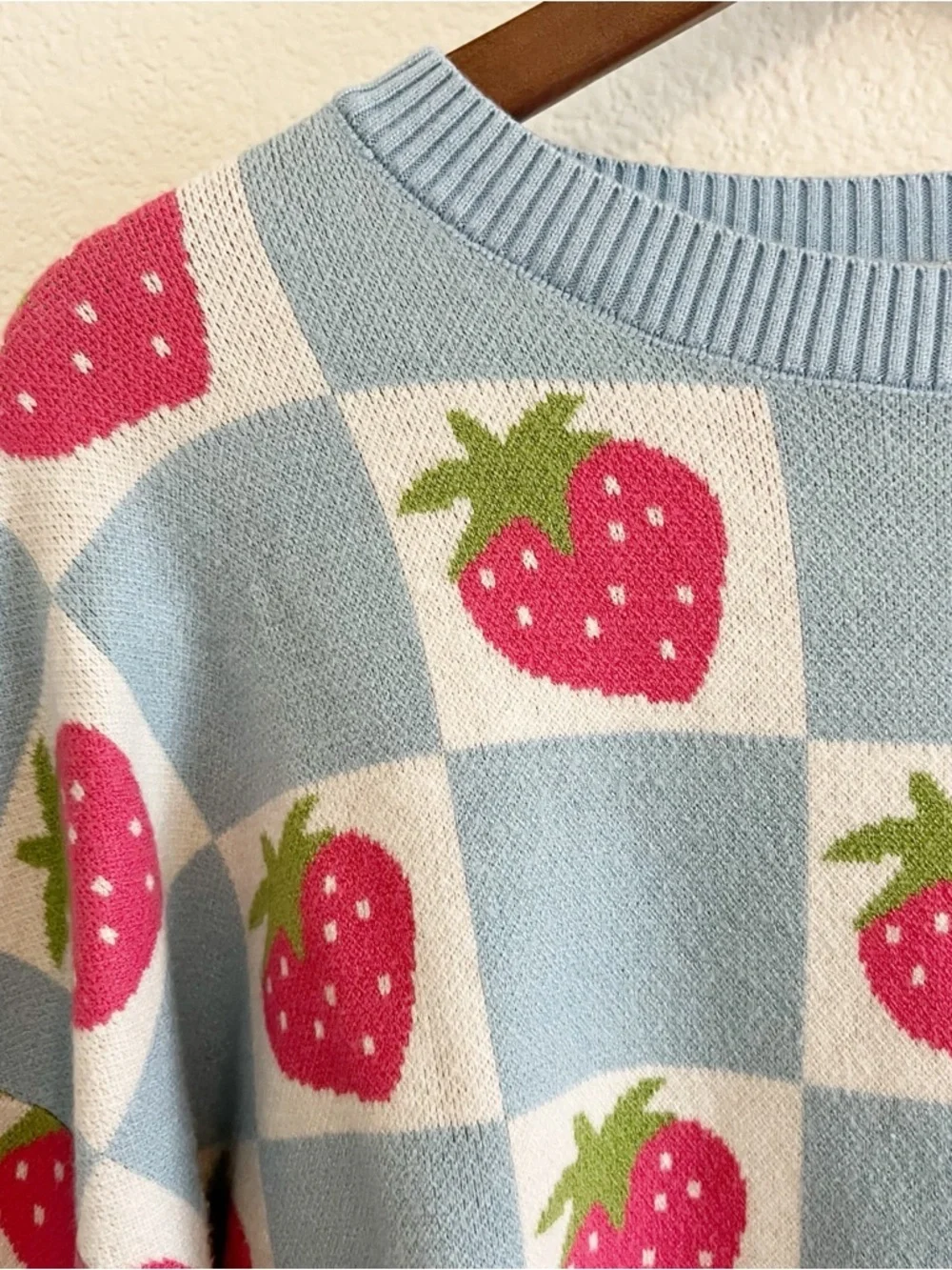 Luna Ivy Blue Checkered Strawberry Sweater Size L